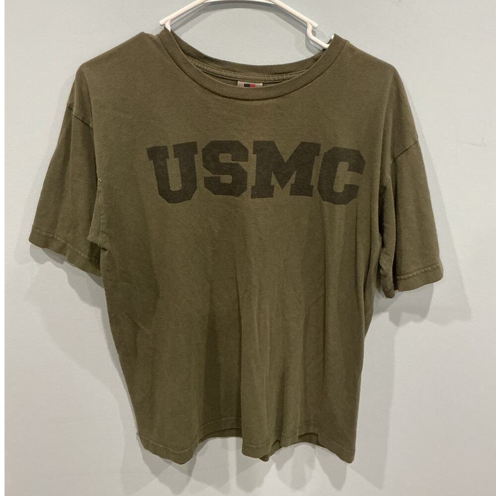 Bayside Mens USMC Tee Size M Army Green T-shirt Made in USA US Marines Military